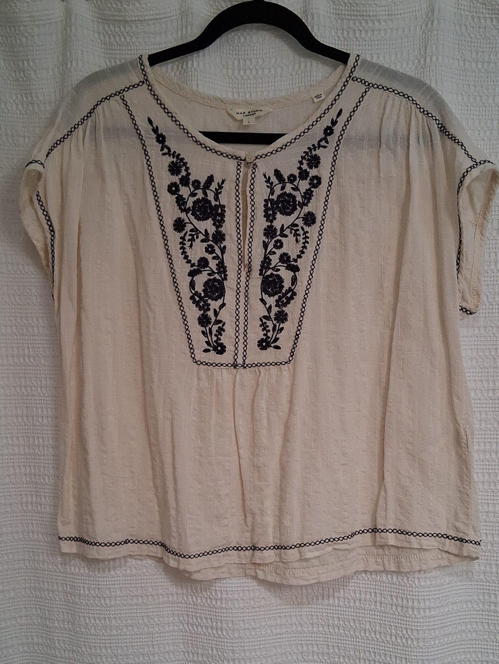 Max Studio Cream Boho Blouse with Navy Floral Embroidery